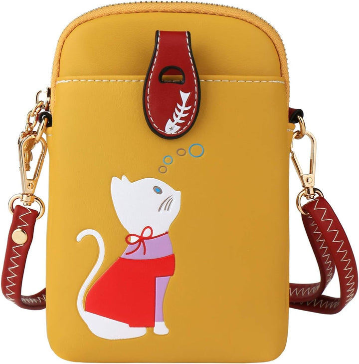 Borsa a tracolla gialla con gatto bianco stilizzato, decorata con dettagli rossi e blu. Design unico, accessorio moda donna, stile casual.