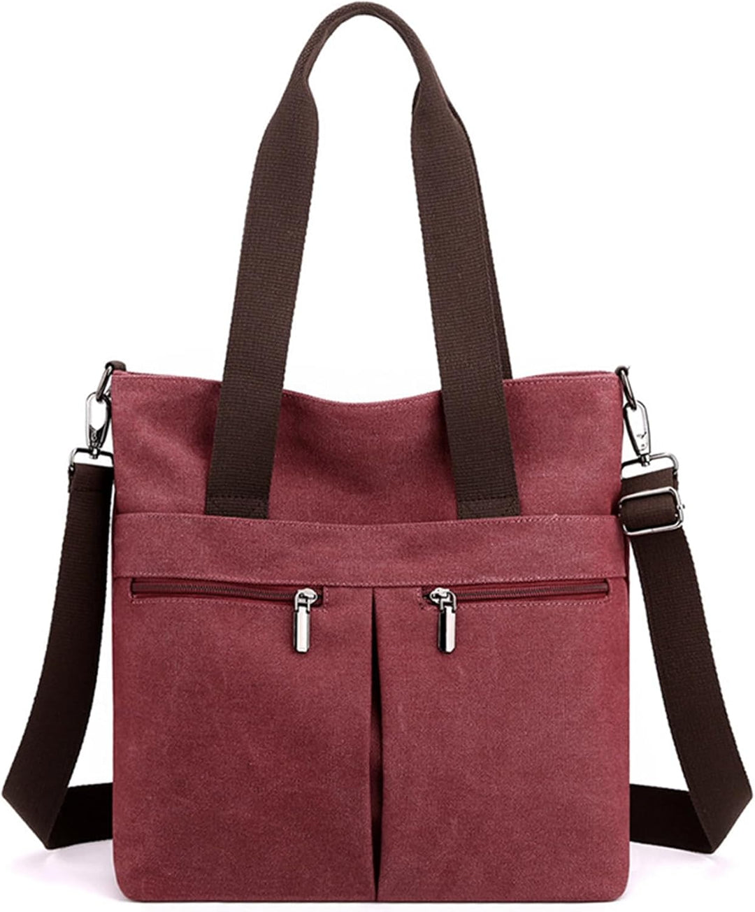 Borsa a tracolla in tela rosa con doppio manico marrone, tasche frontali con cerniera, design casual, ideale per shopping e uso quotidiano.