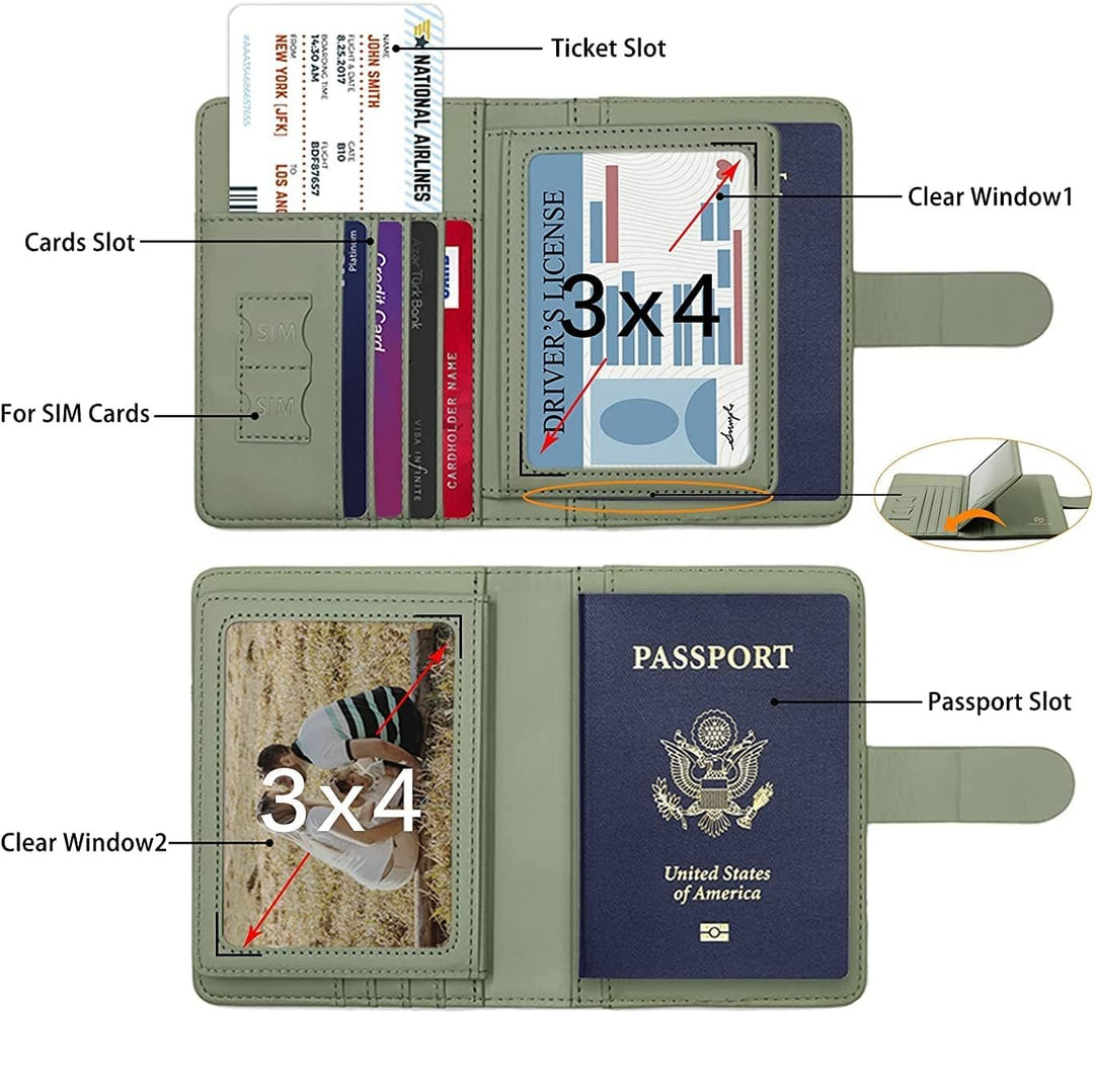 Portafoglio da viaggio verde con slot per passaporto, carte, SIM e biglietti. Include finestre trasparenti per foto 3x4. Design compatto e funzionale.