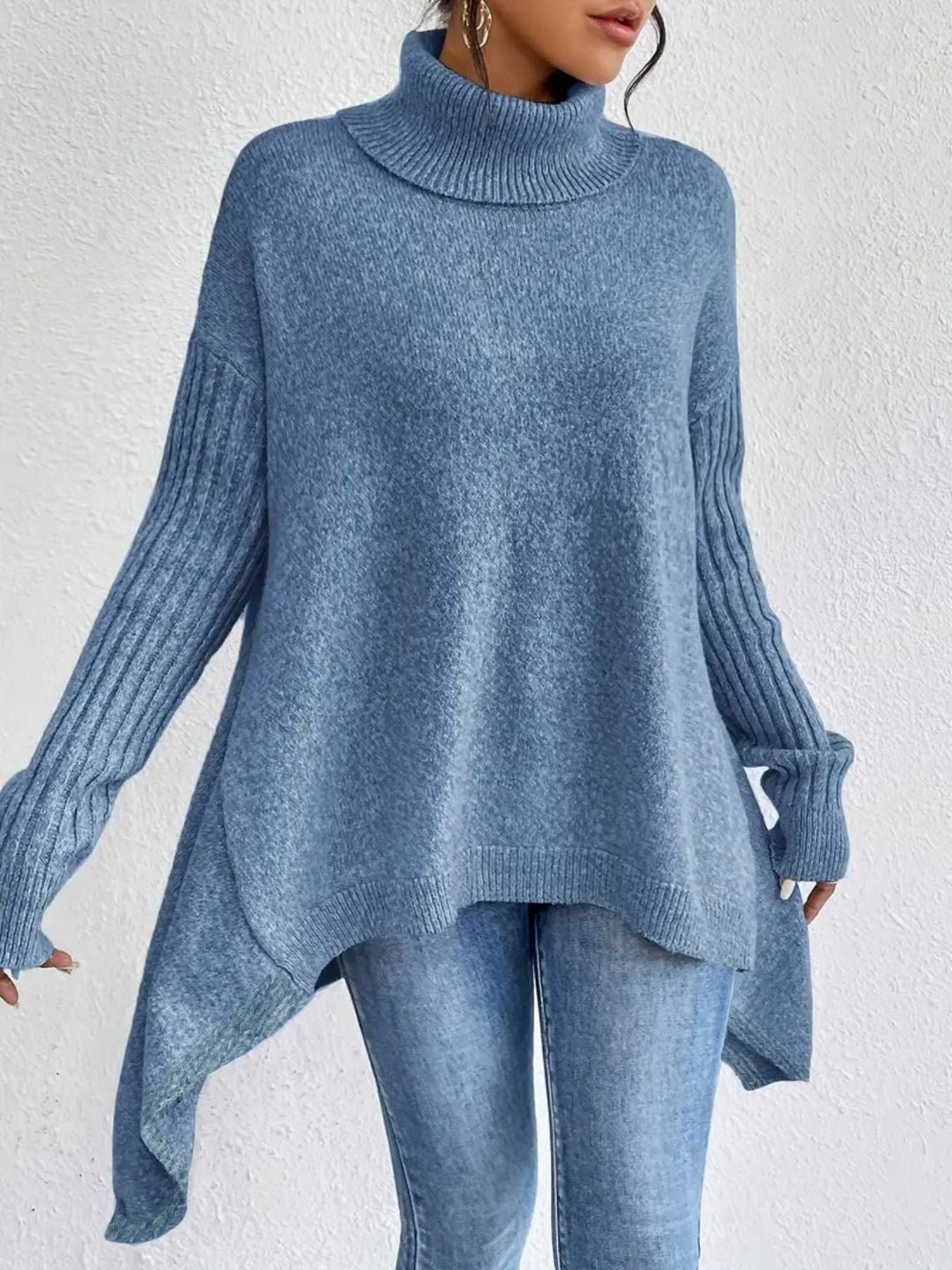 Maglione Donna Dolcevita Maglia Larga Manica Lunga Irregolare