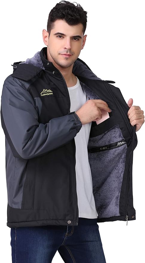 Giacca Uomo Impermeabile con Cappuccio Fodera in Pile Outdoor