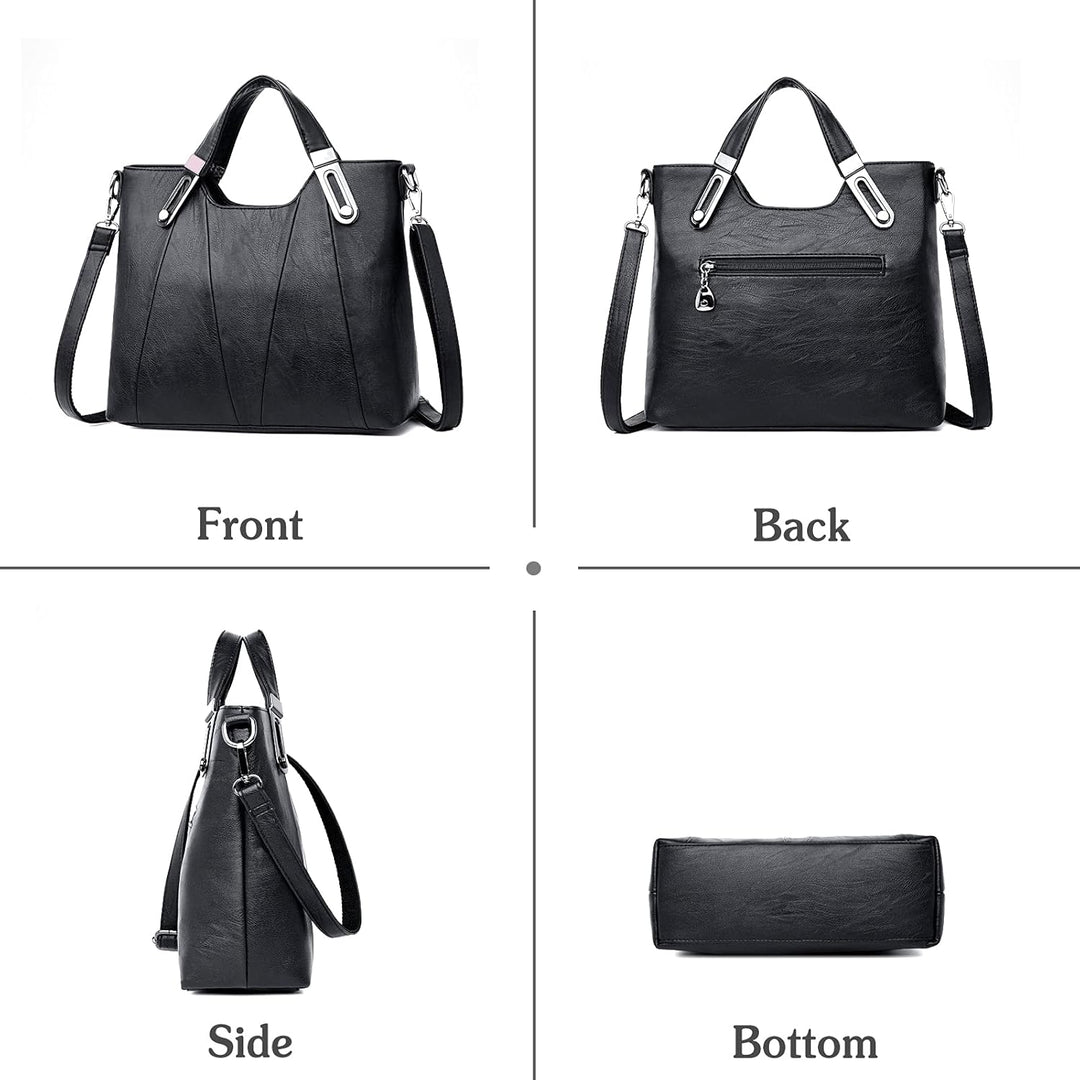Borsa a mano in pelle nera, vista frontale, posteriore, laterale e inferiore. Design elegante, tasca con zip, manici robusti. Accessorio moda donna.
