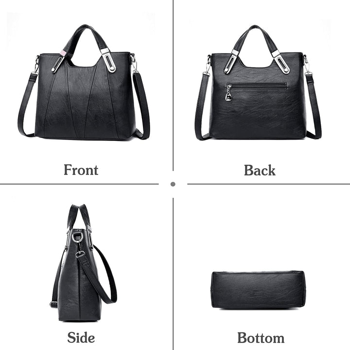 Borsa a mano in pelle nera, vista frontale, posteriore, laterale e inferiore. Design elegante, tasca con zip, manici robusti. Accessorio moda donna.