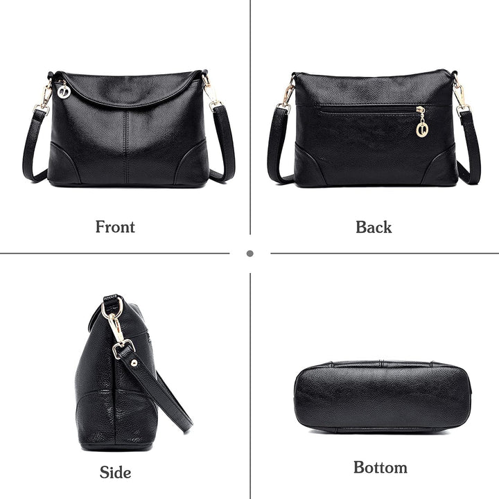 Borsa a tracolla in pelle nera, vista frontale, posteriore, laterale e inferiore. Design elegante, chiusura con zip, dettagli metallici dorati.