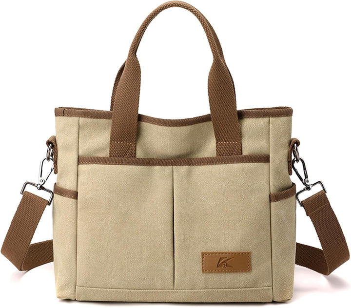 Borsa a tracolla in tela beige con manici marroni, tasche frontali e tracolla regolabile. Design casual, ideale per uso quotidiano e shopping.