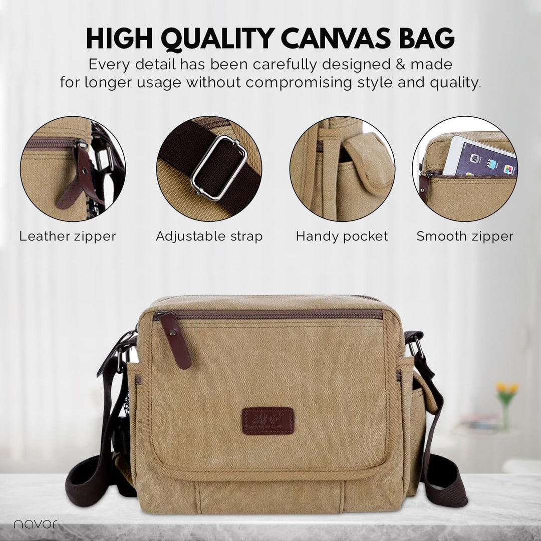 Borsa a tracolla in tela di alta qualità con cerniera in pelle, tasca pratica, tracolla regolabile e cerniera liscia. Design elegante e resistente.