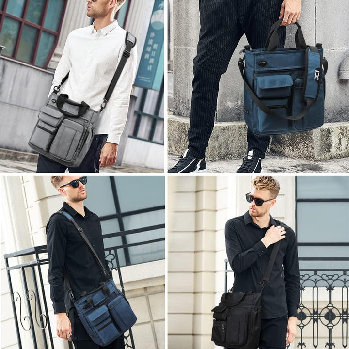Uomo con borsa a tracolla in tessuto nero e blu, design moderno e funzionale, ideale per lavoro e viaggio. Accessorio moda maschile versatile.