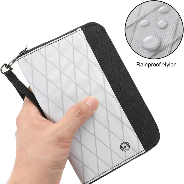 Custodia portafoglio in nylon impermeabile, design a rombi, con protezione RFID. Include cinturino da polso e chiusura a zip. Ideale per viaggi.