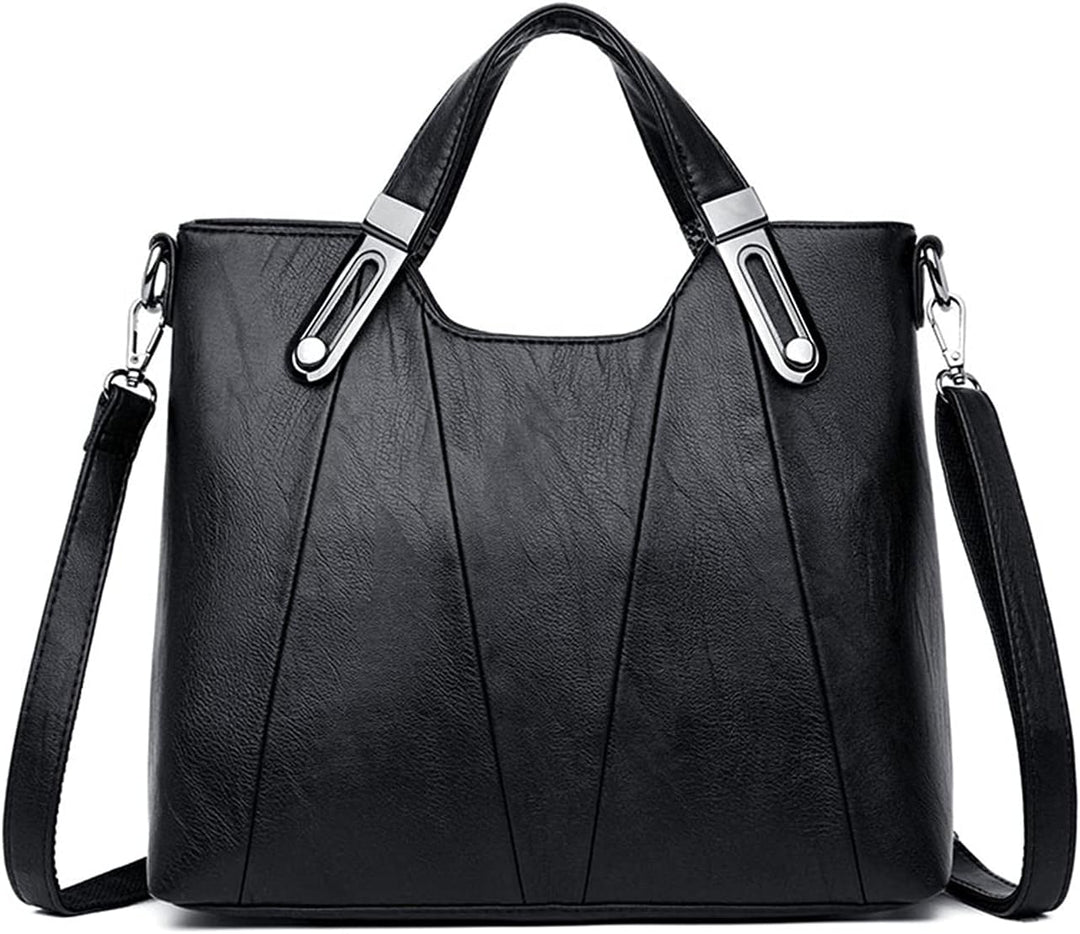 Borsa a tracolla donna in pelle nera, design elegante con manici e tracolla regolabile, accessori metallici argentati. Perfetta per ogni occasione.