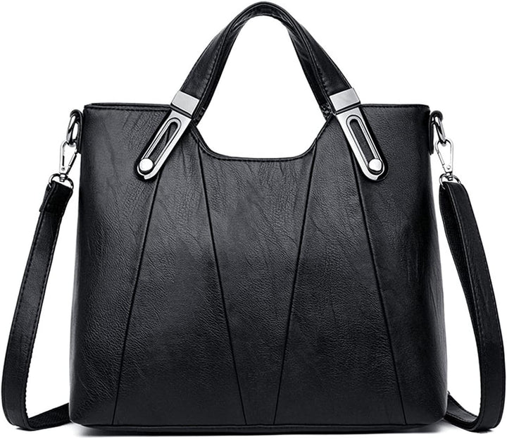 Borsa a tracolla donna in pelle nera, design elegante con manici e tracolla regolabile, accessori metallici argentati. Perfetta per ogni occasione.