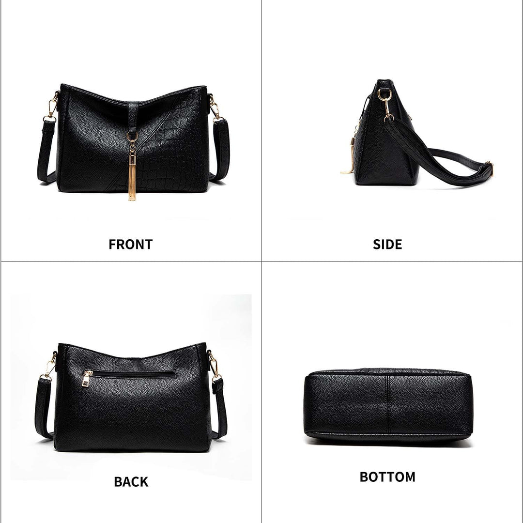 Borsa a tracolla nera in pelle sintetica, design elegante con texture coccodrillo, vista frontale, laterale, posteriore e inferiore, accessori dorati.