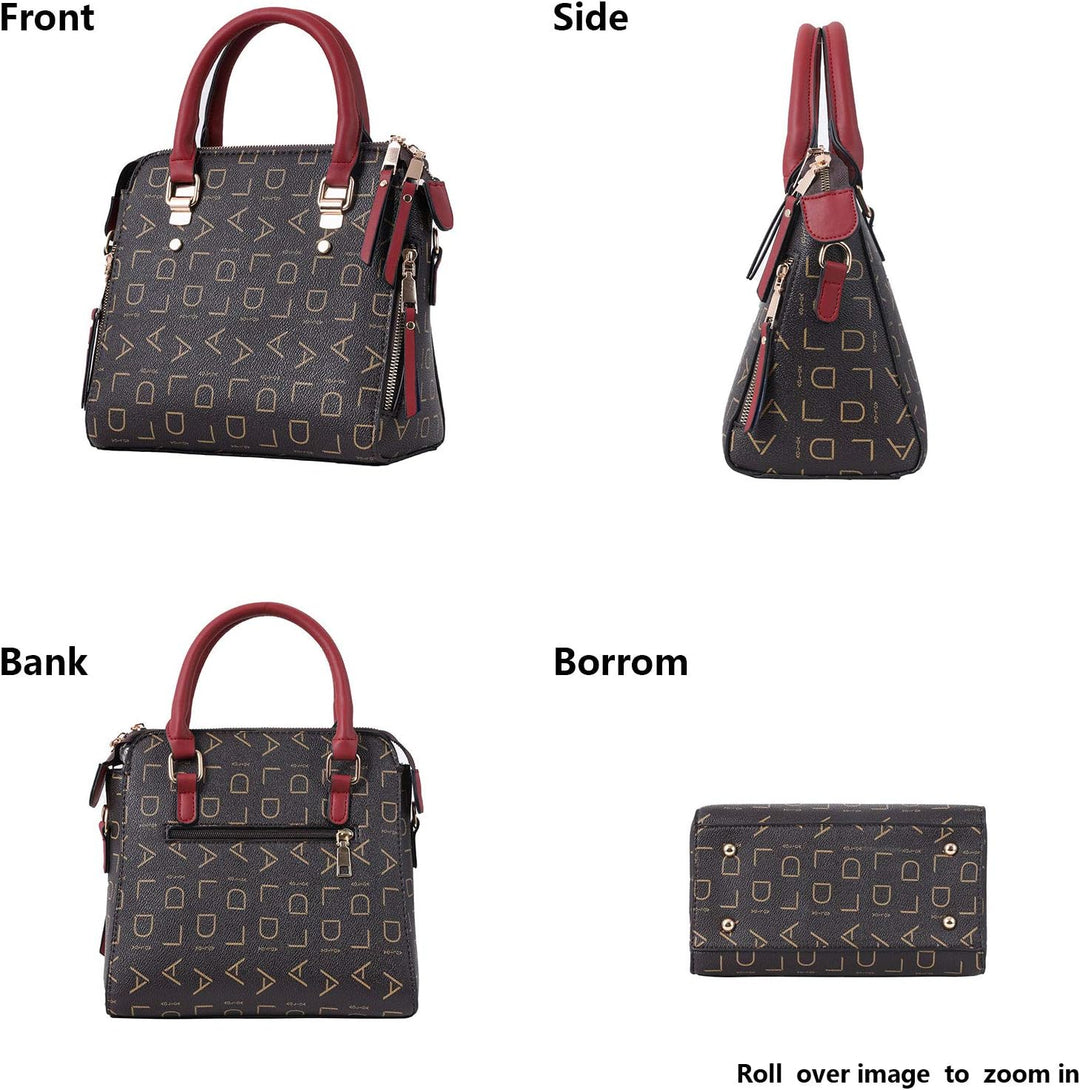 Borsa a mano elegante in pelle nera con motivo geometrico dorato, manici e dettagli rossi. Vista frontale, laterale e posteriore. Accessorio moda donna.
