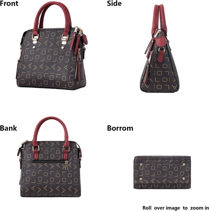 Borsa a mano elegante in pelle nera con motivo geometrico dorato, manici e dettagli rossi. Vista frontale, laterale e posteriore. Accessorio moda donna.