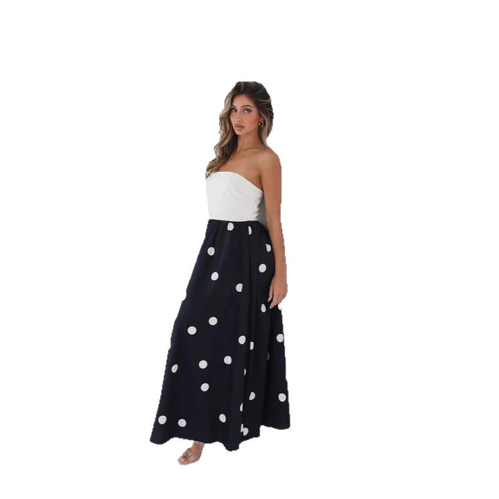 Abito Lungo Donna Patchwork Pois Scollo a Trapezio