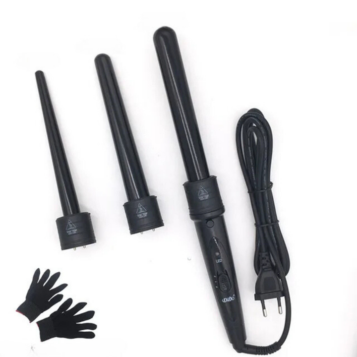 Set arricciacapelli nero con tre bacchette intercambiabili e guanti termici. Strumento styling capelli professionale, cavo lungo, facile da usare.