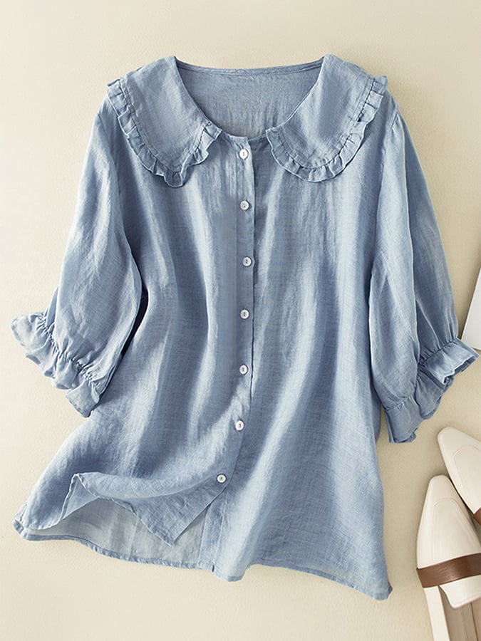 Blusa Donna Lino Cotone Ampia Colletto Arricciato - Vesarelli