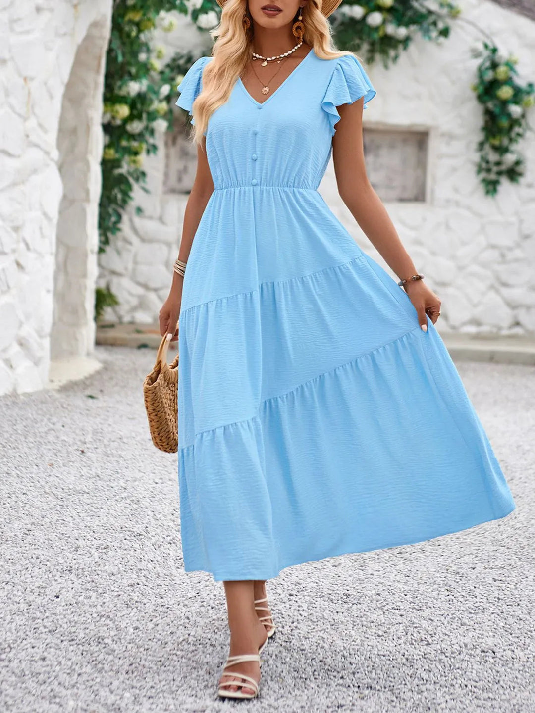 Abito Donna Elegante Scollo a V Maniche a Balze