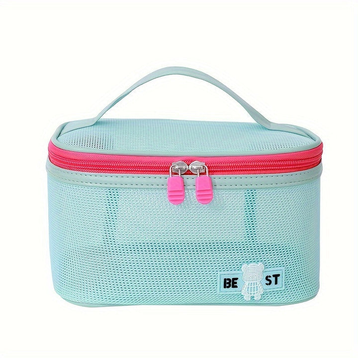 Astuccio da viaggio verde menta con cerniera rosa, manico superiore, design a rete, ideale per cosmetici e accessori. Perfetto per organizzazione.