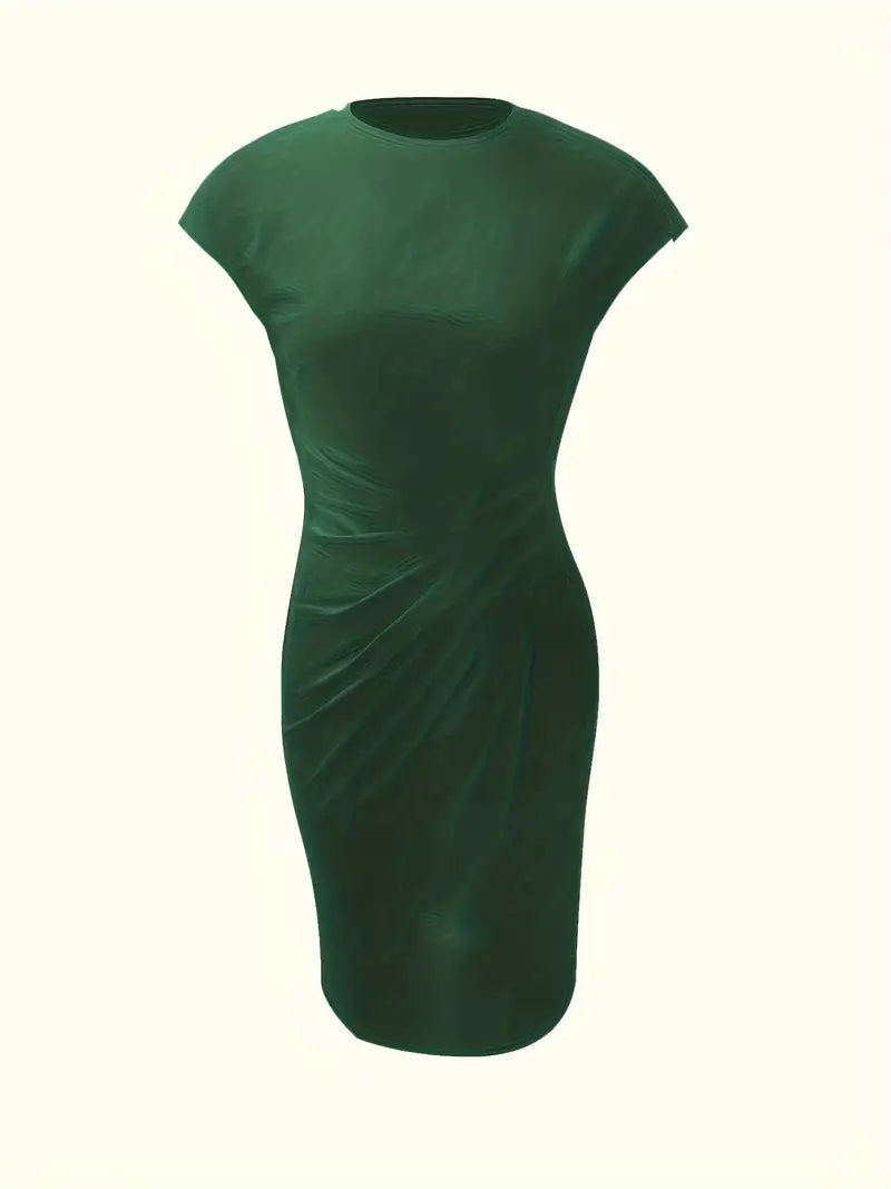 Abito verde scuro aderente da donna, maniche corte, design elegante, perfetto per occasioni formali e serate. Tessuto morbido e confortevole.