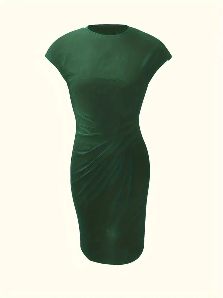 Abito verde scuro aderente da donna, maniche corte, design elegante, perfetto per occasioni formali e serate. Tessuto morbido e confortevole.