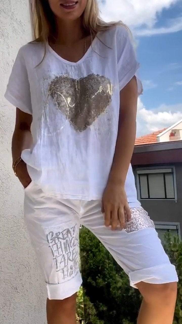 Completo Due Pezzi Donna Scollo a V Tessuto Goffrato Casual