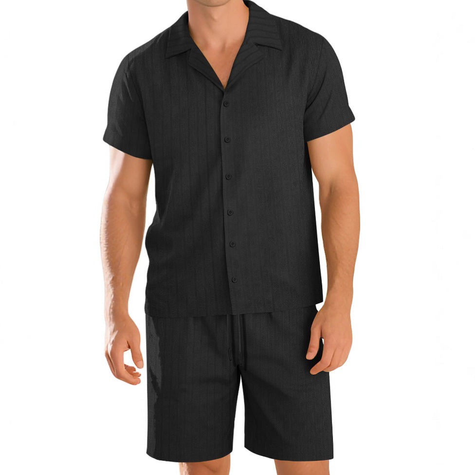 Completo Uomo Camicia Cotone Manica Corta Pantaloni Casual Resistente