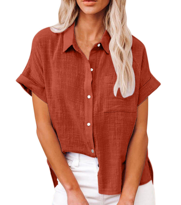 Camicia Donna Misto Lino Maniche Corte Casual Bottoni