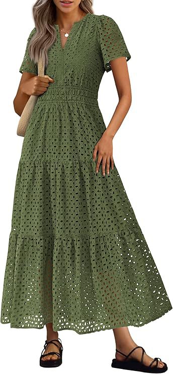 Abito lungo Donna Scollo a V Maniche Corte Occhielli Fluidi