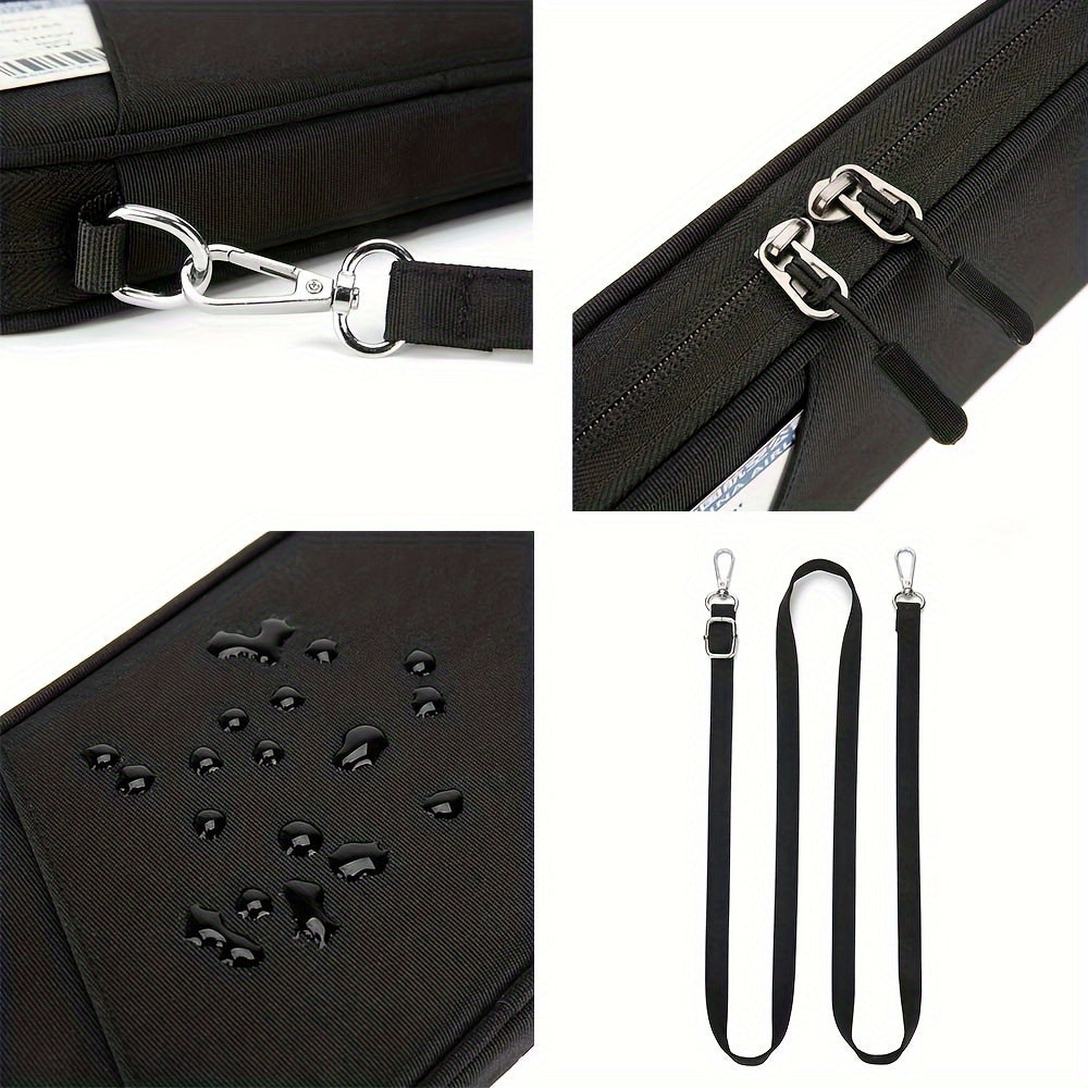 Custodia nera per laptop impermeabile con cerniere robuste, moschettone e tracolla regolabile. Protezione ideale per dispositivi portatili.