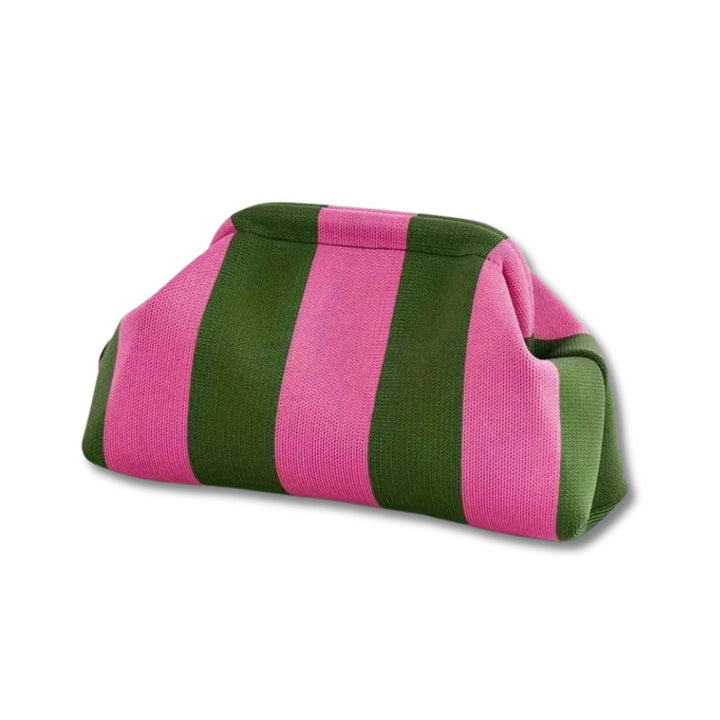 Borsa a righe rosa e verdi, design moderno, tessuto morbido, accessorio moda donna, elegante e versatile, perfetta per ogni occasione.