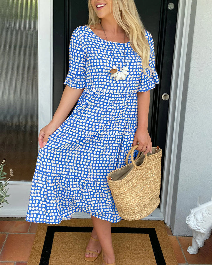 Abito Midi Donna Scollo Tondo Stampa Pois