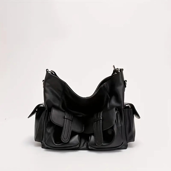 Borsa a tracolla nera in pelle con tasche multiple, design elegante e moderno, ideale per moda donna, accessorio versatile e di tendenza.