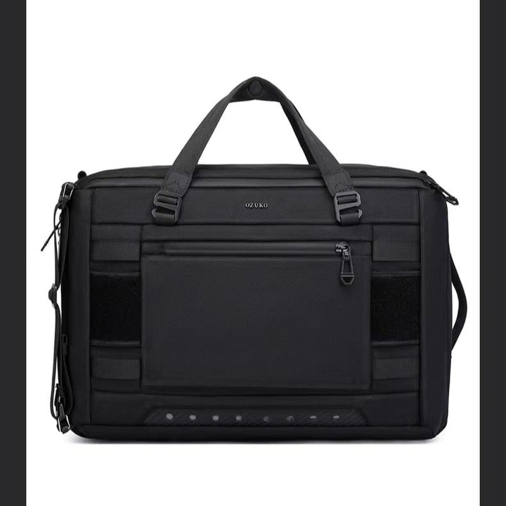 Borsa da lavoro nera in nylon, resistente all'acqua, con manici e tracolla regolabile. Design moderno, tasca frontale con zip. Perfetta per laptop.