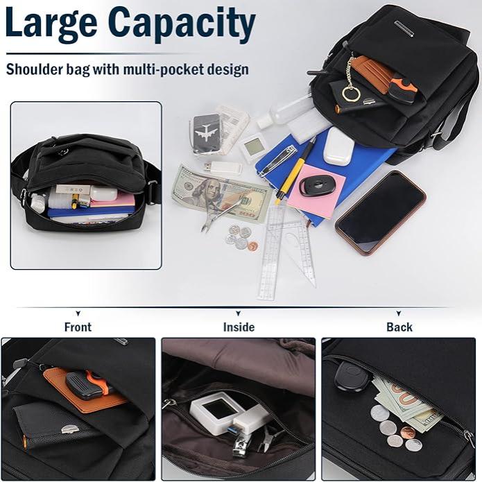 Borsa a tracolla nera multi-tasca, grande capacità, con oggetti come smartphone, portafoglio, chiavi, penne e accessori tecnologici.