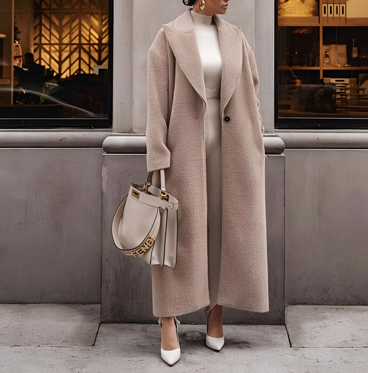 Cappotto Lungo Donna in Finta Lana Oversize con Bottone Singolo
