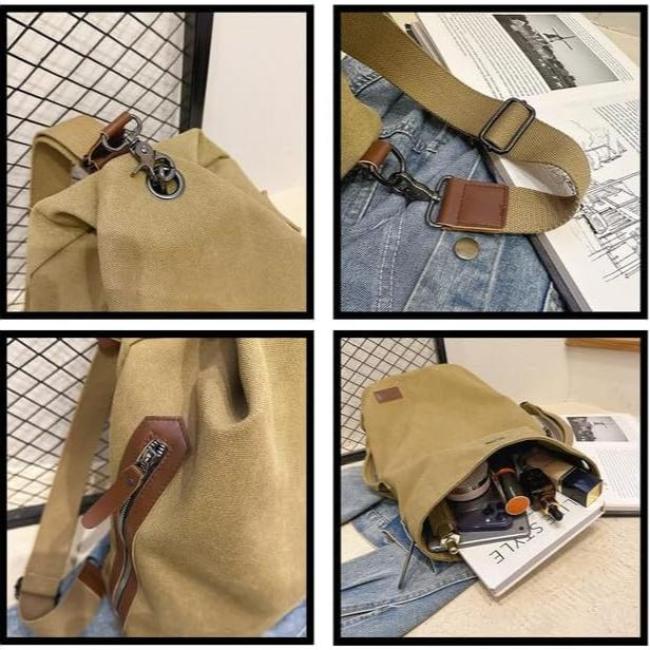 Zaino in tela beige con dettagli in pelle marrone, chiusura a zip, tasche multiple, ideale per viaggi e scuola. Design casual e resistente.