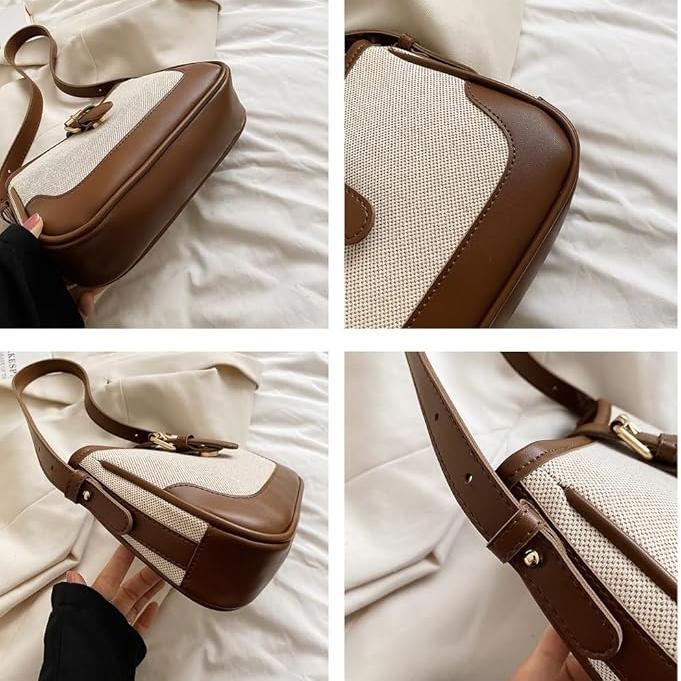 Borsa a tracolla in pelle marrone e tessuto beige, design elegante, dettagli in metallo dorato, perfetta per moda donna, accessorio chic e versatile.