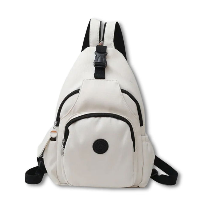 Zaino a tracolla bianco unisex, design moderno, tasche multiple, chiusura zip, ideale per scuola e viaggio. Accessorio moda versatile e pratico.