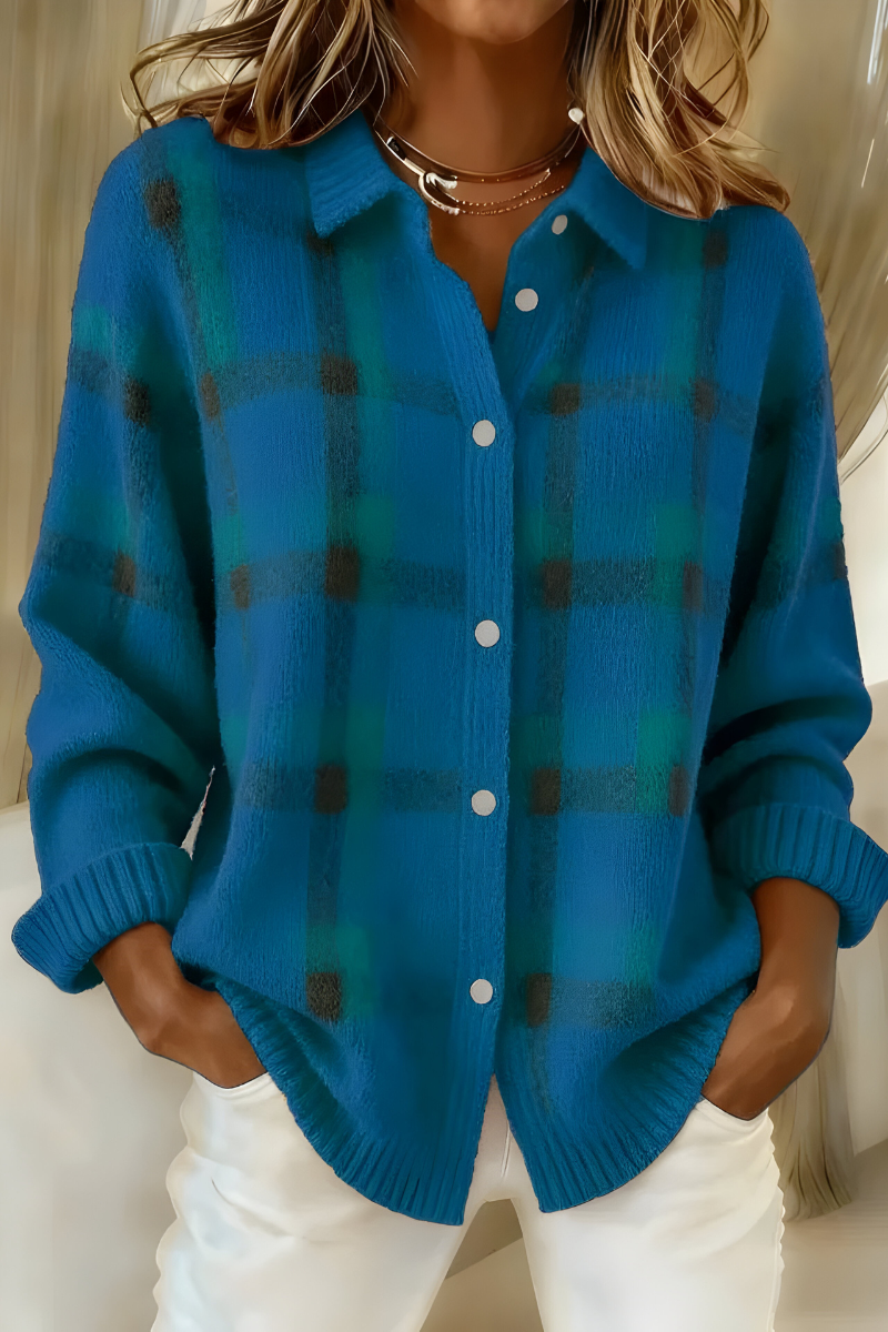 Cardigan Donna Maglia Morbida Quadri Vestibilità Comoda