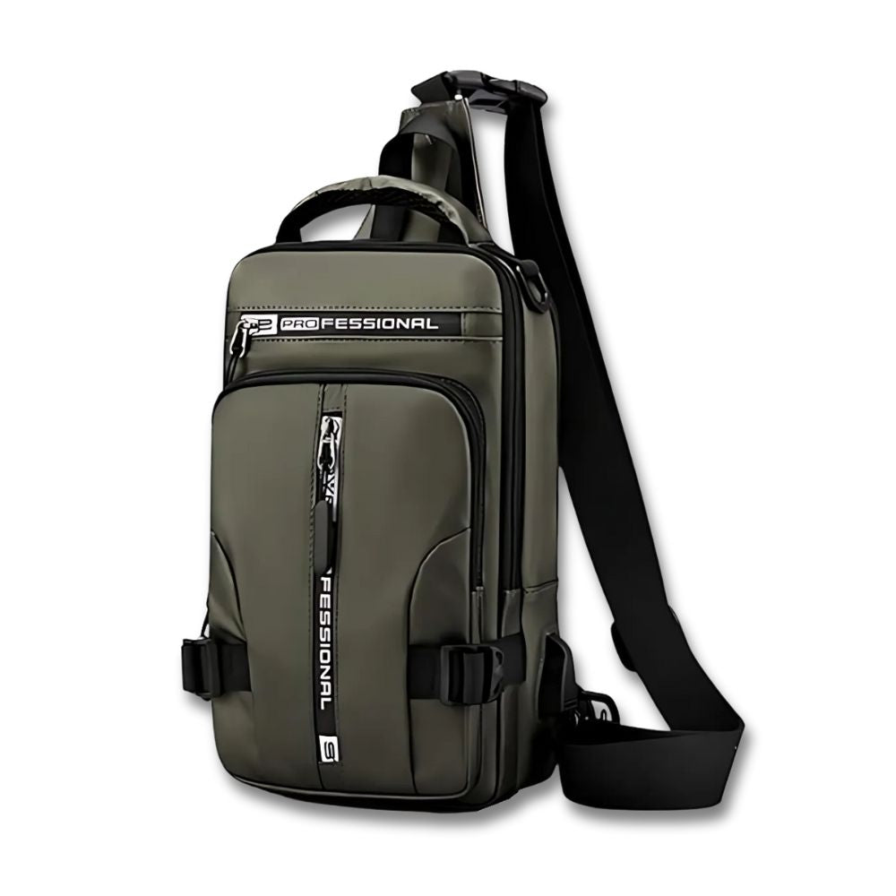 Zaino monospalla verde militare, design moderno, tasche multiple con cerniere, tracolla regolabile, ideale per viaggi e uso quotidiano.