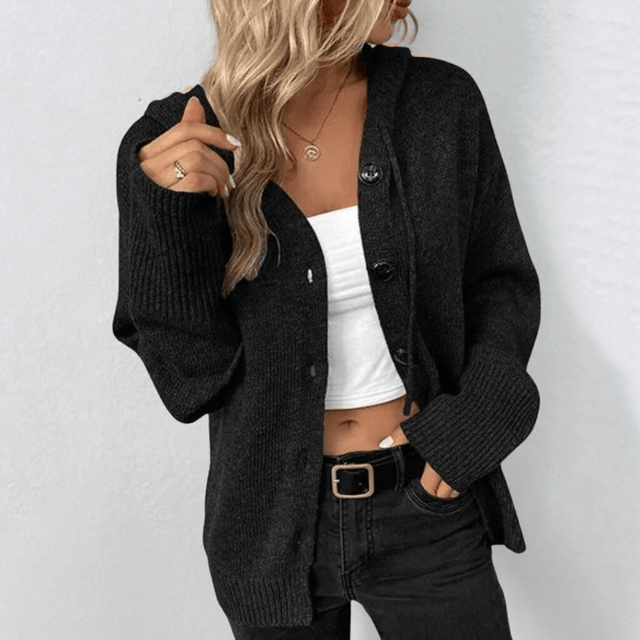 Cardigan Gilet Donna in Maglia con Cappuccio Scollo a V Abbottonato
