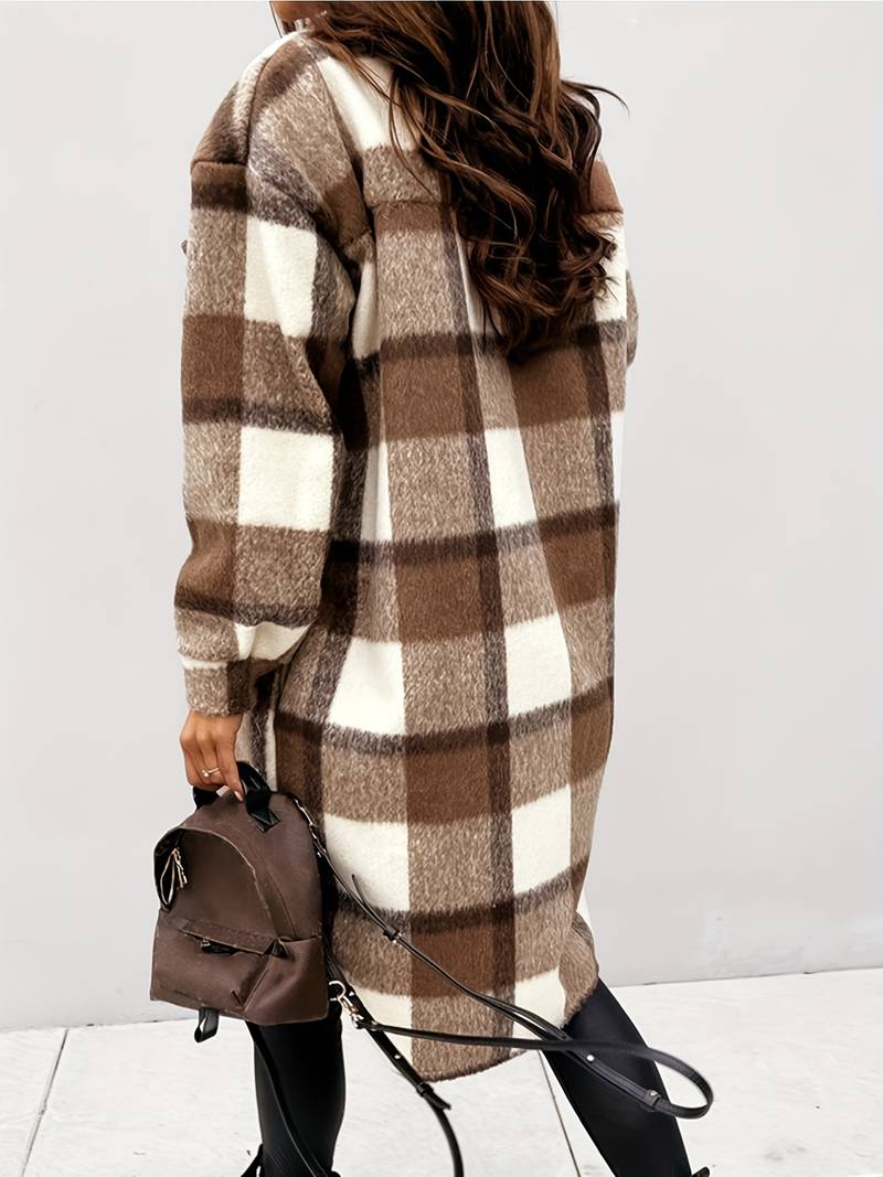 Cappotto Lungo Donna in Tessuto a Quadri Vestibilità Confortevole