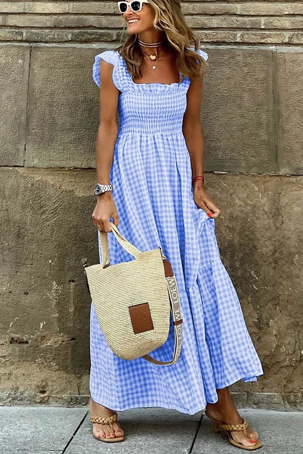 Abito Maxi Donna Classico a Quadri Vestibilità Ampia