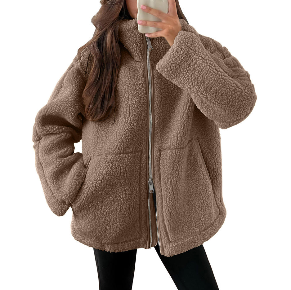 Giacca Donna in Pile Colletto a Punta Tasche Casual