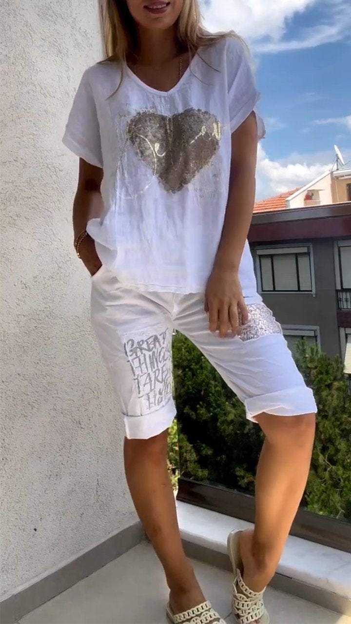 Completo Due Pezzi Donna Scollo a V Tessuto Goffrato Casual