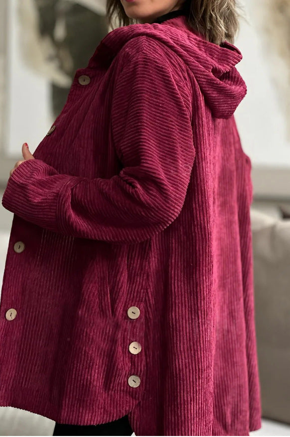 Giacca Donna in Velluto a Coste con Cappuccio Maglione Casual Media
