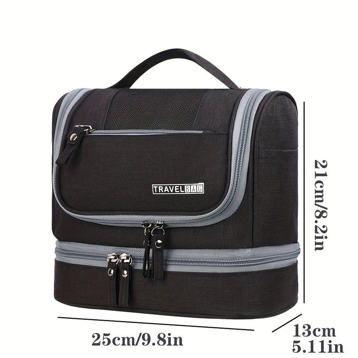 Borsa da viaggio nera con manico, doppia cerniera, dimensioni 25x13x21 cm. Ideale per organizzare accessori da viaggio. Design compatto e funzionale.