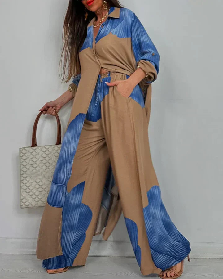 Completo Donna Camicia Colletto Bottoni Pantaloni Vita Alta Gamba