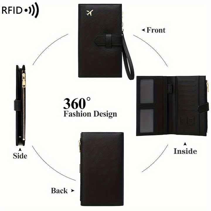 Portafoglio nero in pelle con design a 360°, protezione RFID, scomparti interni per carte, chiusura con cerniera, cinturino da polso.