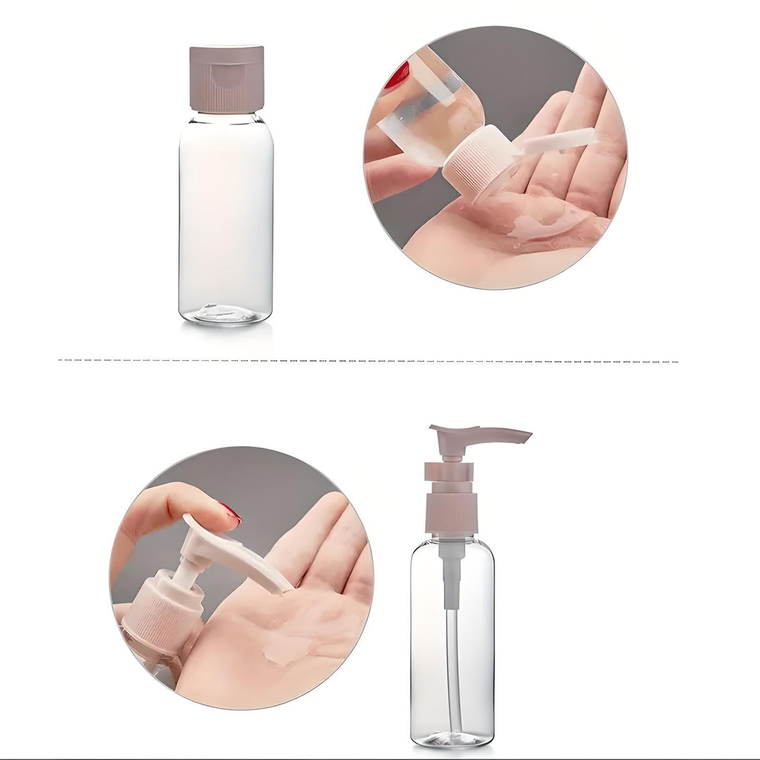 Bottiglia trasparente con pompa dosatrice, ideale per sapone liquido o disinfettante mani. Design compatto, perfetto per viaggi e uso quotidiano.